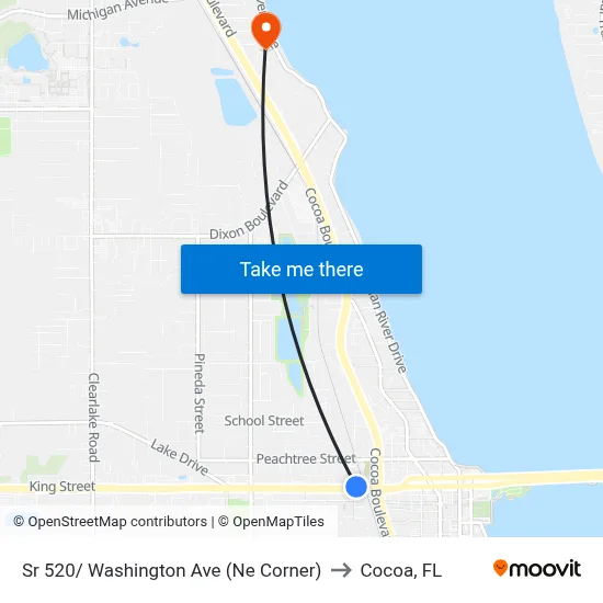 Sr 520/ Washington Ave (Ne Corner) to Cocoa, FL map