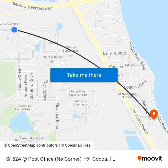 Sr 524 @ Post Office (Ne Corner) to Cocoa, FL map