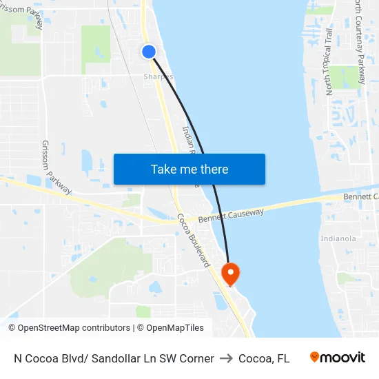 N Cocoa Blvd/ Sandollar Ln SW Corner to Cocoa, FL map