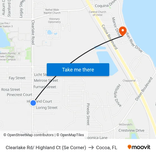 Clearlake Rd/ Highland Ct (Se Corner) to Cocoa, FL map
