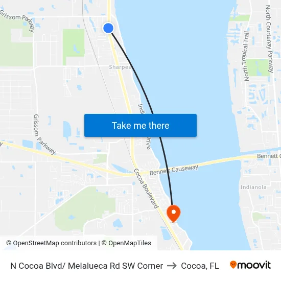 N Cocoa Blvd/ Melalueca Rd SW Corner to Cocoa, FL map