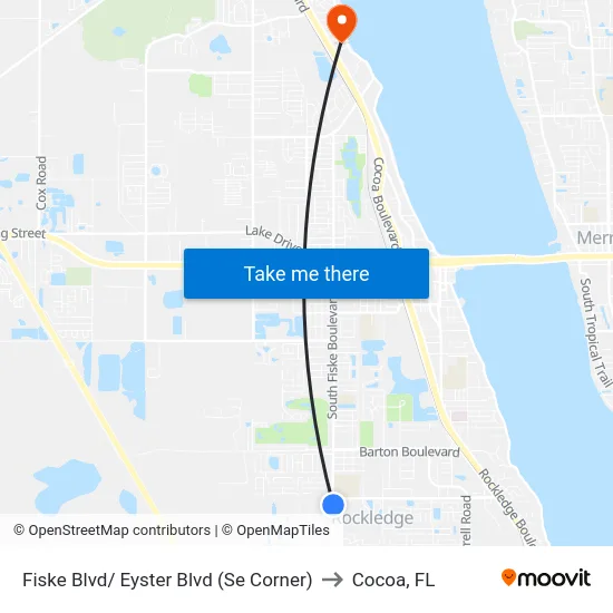 Fiske Blvd/ Eyster Blvd (Se Corner) to Cocoa, FL map