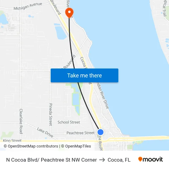 N Cocoa Blvd/ Peachtree St NW Corner to Cocoa, FL map