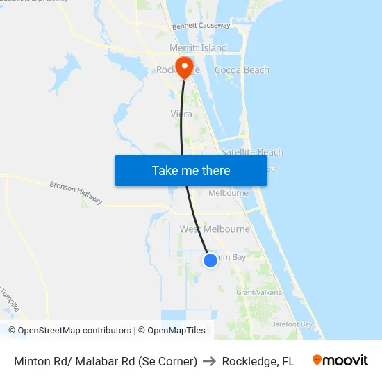 Minton Rd/ Malabar Rd (Se Corner) to Rockledge, FL map