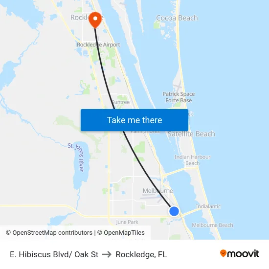 E. Hibiscus Blvd/ Oak St to Rockledge, FL map