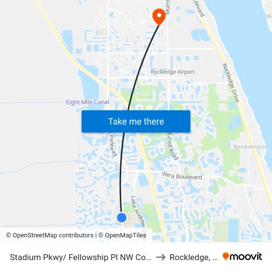 Stadium Pkwy/ Fellowship Pl NW Corner to Rockledge, FL map