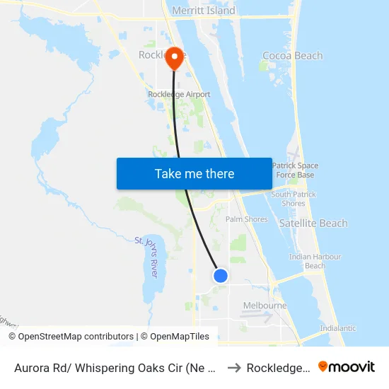 Aurora Rd/ Whispering Oaks Cir (Ne Corner) to Rockledge, FL map