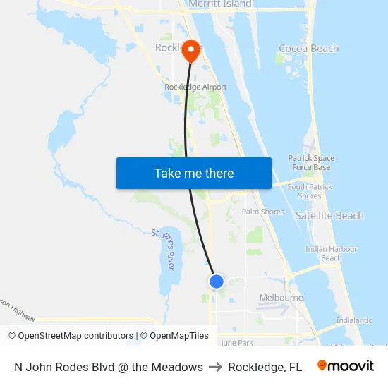 N John Rodes Blvd @ the Meadows to Rockledge, FL map