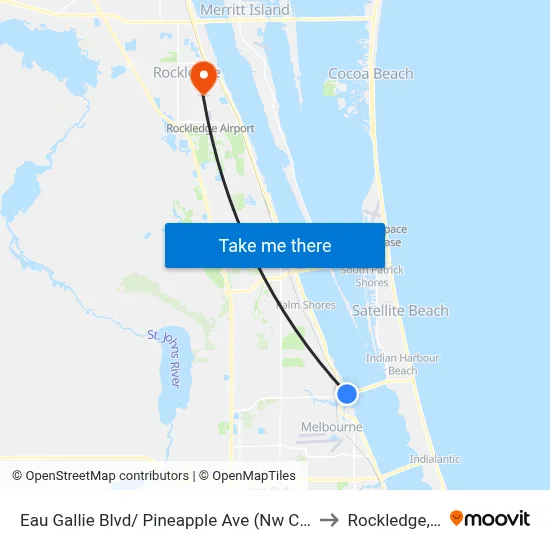 Eau Gallie Blvd/ Pineapple Ave (Nw Corner) to Rockledge, FL map