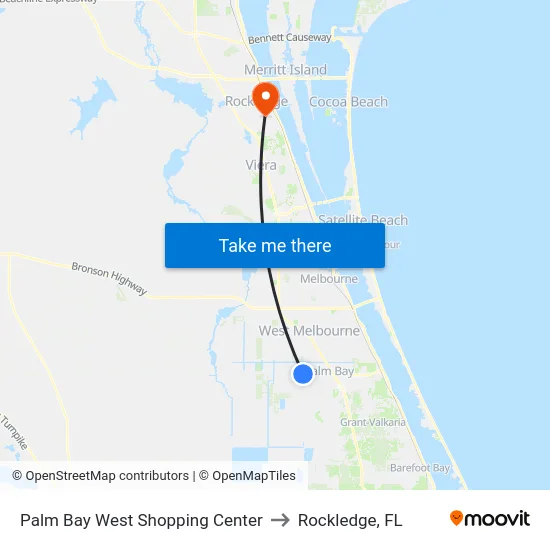 Palm Bay West Shopping Center to Rockledge, FL map