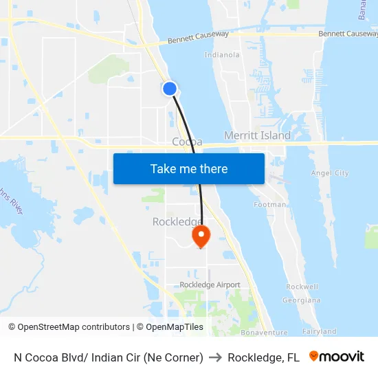 N Cocoa Blvd/ Indian Cir (Ne Corner) to Rockledge, FL map