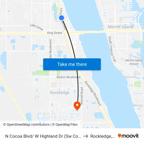 N Cocoa Blvd/ W Highland Dr (Sw Corner) to Rockledge, FL map