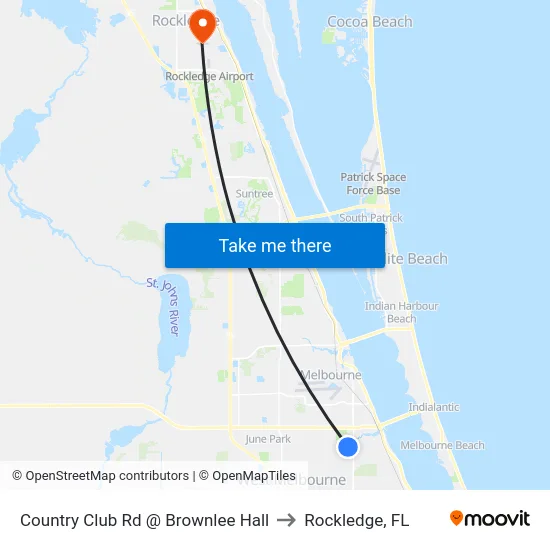 Country Club Rd @ Brownlee Hall to Rockledge, FL map
