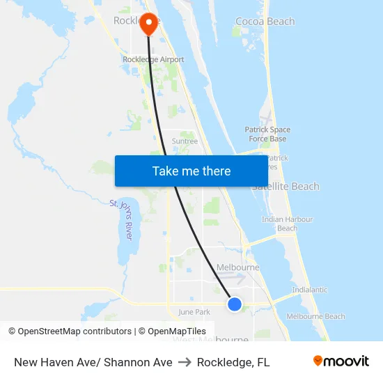 New Haven Ave/ Shannon Ave to Rockledge, FL map