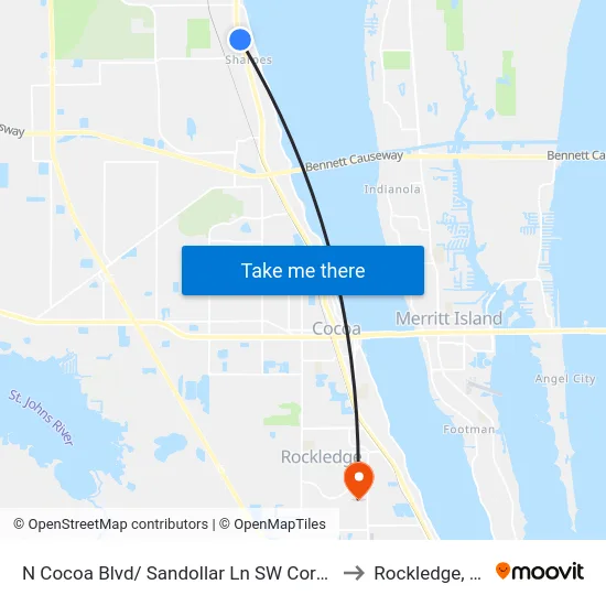 N Cocoa Blvd/ Sandollar Ln SW Corner to Rockledge, FL map