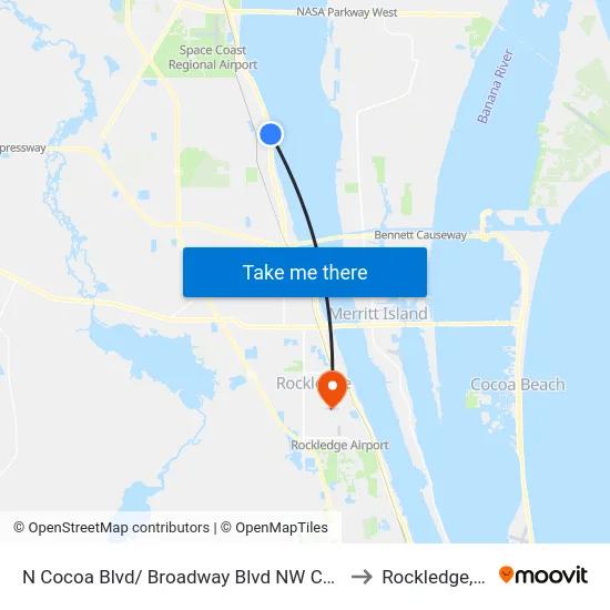 N Cocoa Blvd/ Broadway Blvd NW Corner to Rockledge, FL map