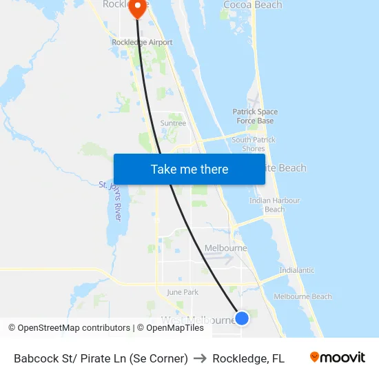 Babcock St/ Pirate Ln (Se Corner) to Rockledge, FL map