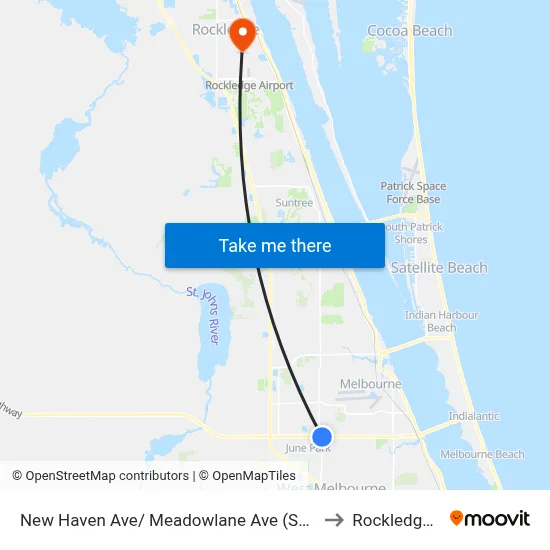New Haven Ave/ Meadowlane Ave (Se Corner) to Rockledge, FL map