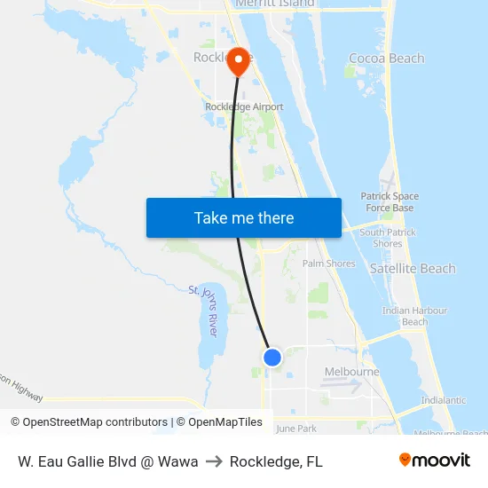 W. Eau Gallie Blvd @ Wawa to Rockledge, FL map
