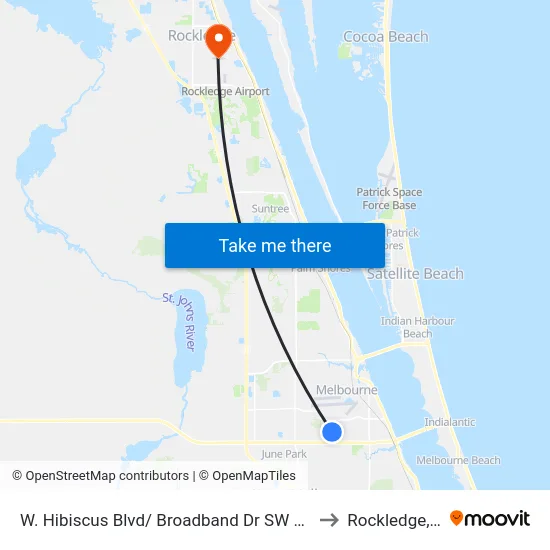 W. Hibiscus Blvd/ Broadband Dr SW Corner to Rockledge, FL map
