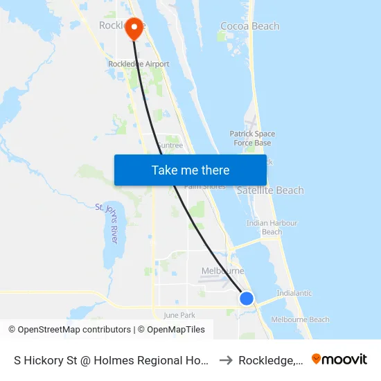S Hickory St @ Holmes Regional Hospital to Rockledge, FL map