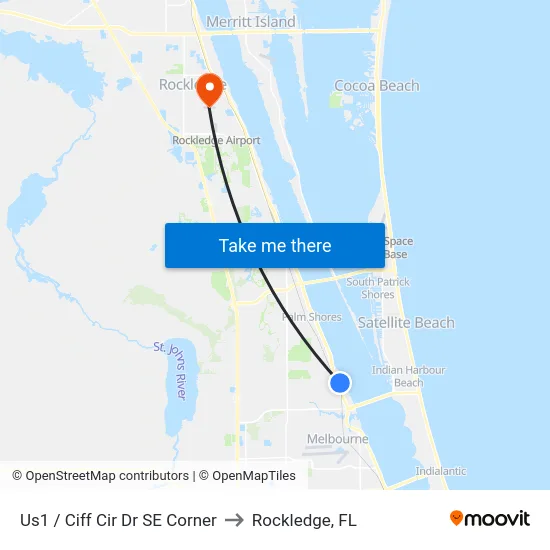 Us1 / Ciff Cir Dr SE Corner to Rockledge, FL map