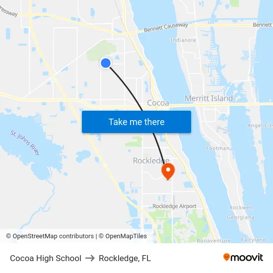 Cocoa High School to Rockledge, FL map