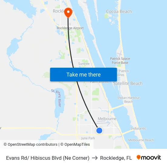 Evans Rd/ Hibiscus Blvd (Ne Corner) to Rockledge, FL map