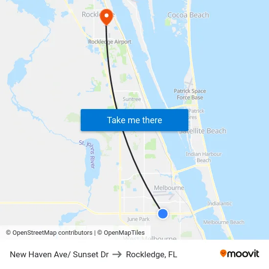 New Haven Ave/ Sunset Dr to Rockledge, FL map