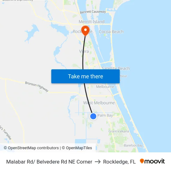 Malabar Rd/ Belvedere Rd NE Corner to Rockledge, FL map