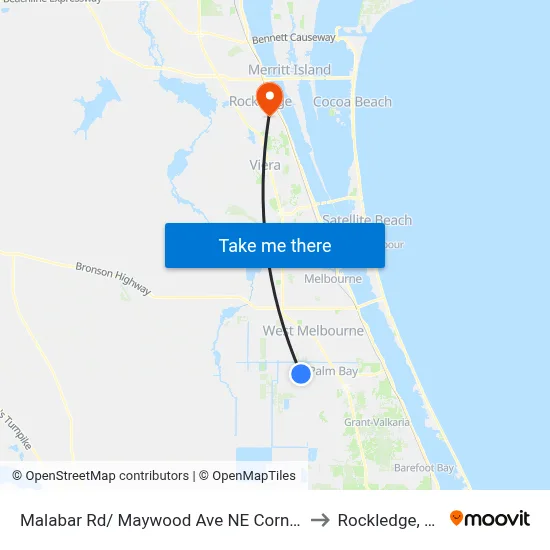 Malabar Rd/ Maywood Ave NE Corner to Rockledge, FL map