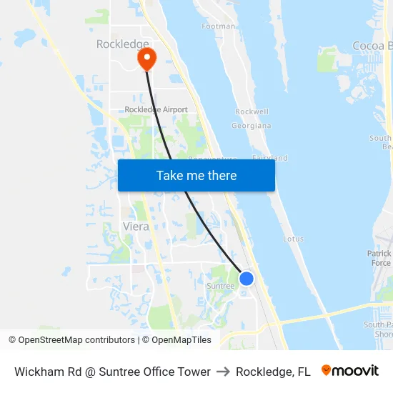 Wickham Rd @ Suntree Office Tower to Rockledge, FL map