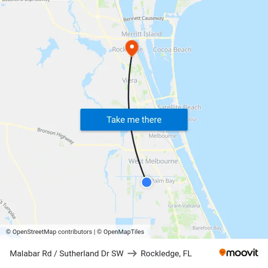 Malabar Rd / Sutherland Dr SW to Rockledge, FL map