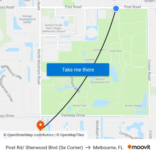 Post Rd/ Sherwood Blvd (Se Corner) to Melbourne, FL map