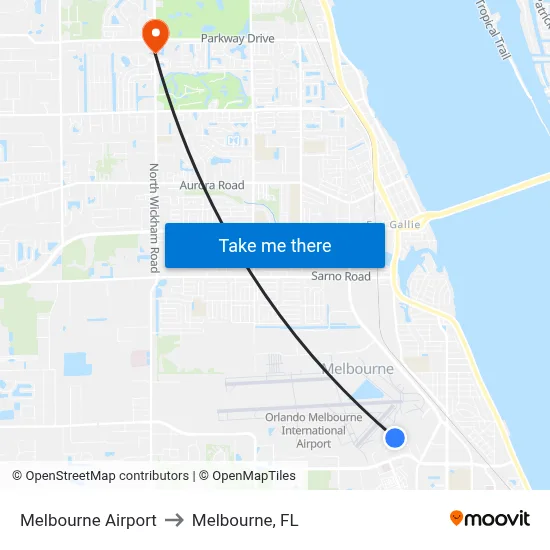 Melbourne Airport to Melbourne, FL map