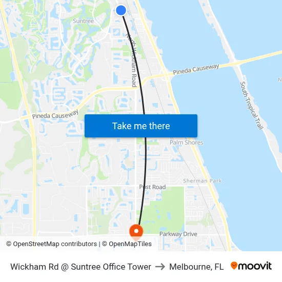 Wickham Rd @ Suntree Office Tower to Melbourne, FL map