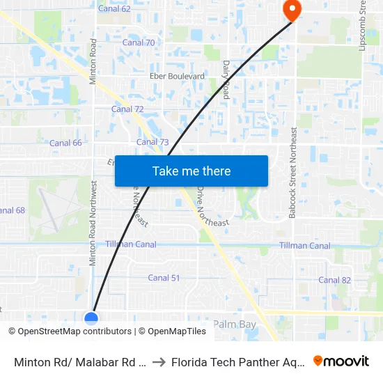 Minton Rd/ Malabar Rd (Se Corner) to Florida Tech Panther Aquatic Center map