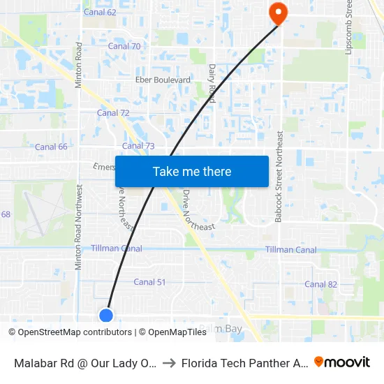 Malabar Rd @ Our Lady Of Grace Church to Florida Tech Panther Aquatic Center map