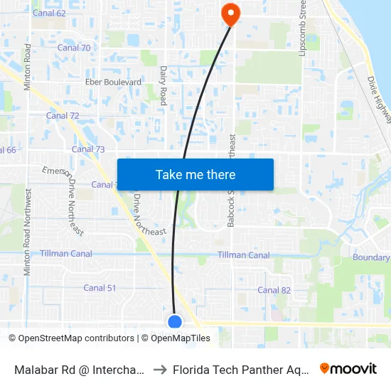 Malabar Rd @ Interchange Square to Florida Tech Panther Aquatic Center map