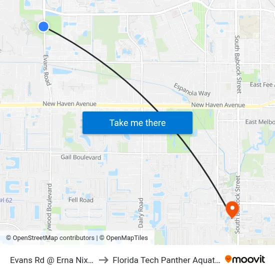 Evans Rd @ Erna Nixon Park to Florida Tech Panther Aquatic Center map