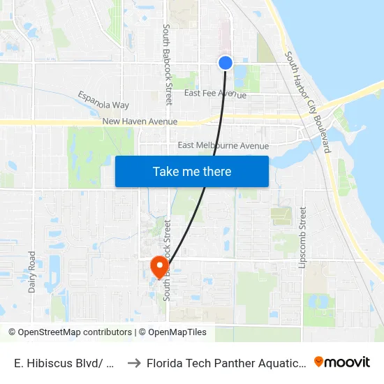 E. Hibiscus Blvd/ Oak St to Florida Tech Panther Aquatic Center map