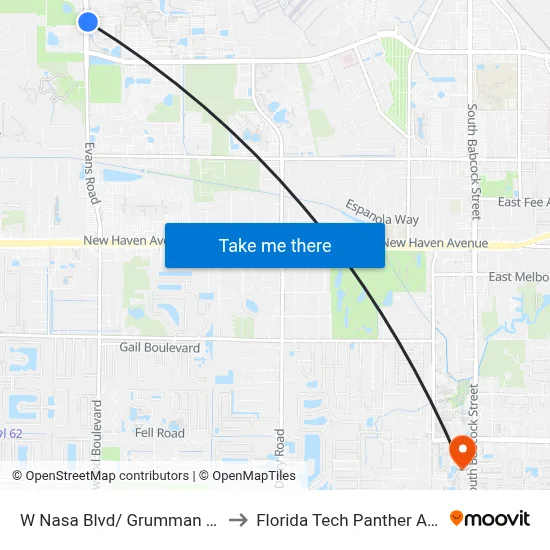 W Nasa Blvd/ Grumman Ln (Se Corner) to Florida Tech Panther Aquatic Center map