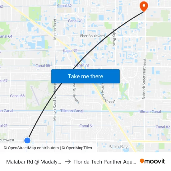 Malabar Rd @ Madalyn Landing to Florida Tech Panther Aquatic Center map