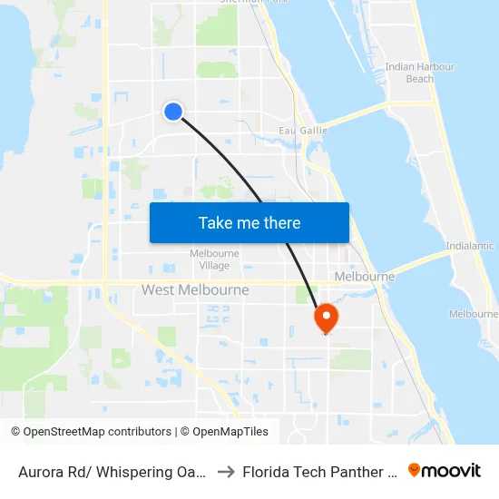 Aurora Rd/ Whispering Oaks Cir (Ne Corner) to Florida Tech Panther Aquatic Center map