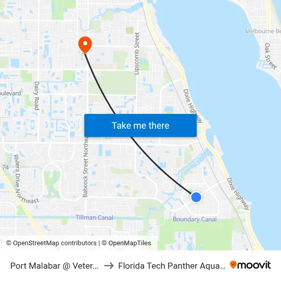 Port Malabar @ Veterans Park to Florida Tech Panther Aquatic Center map