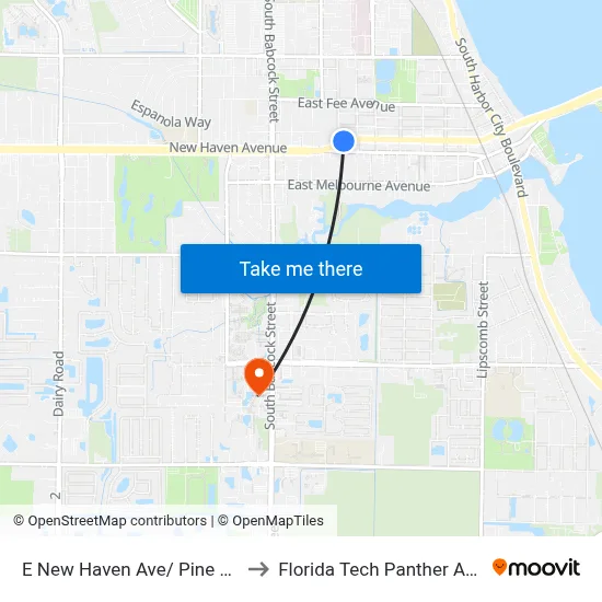 E New Haven Ave/ Pine St (Ne Corner) to Florida Tech Panther Aquatic Center map
