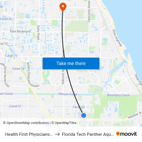 Health First Physicians Palm Bay to Florida Tech Panther Aquatic Center map