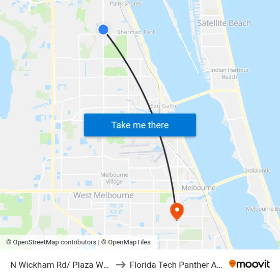 N Wickham Rd/ Plaza Way (Se Corner) to Florida Tech Panther Aquatic Center map
