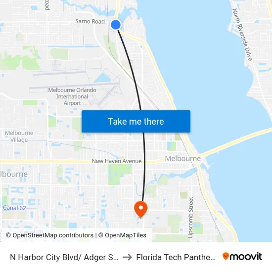N Harbor City Blvd/ Adger Smith Ln (Sw Corner) to Florida Tech Panther Aquatic Center map