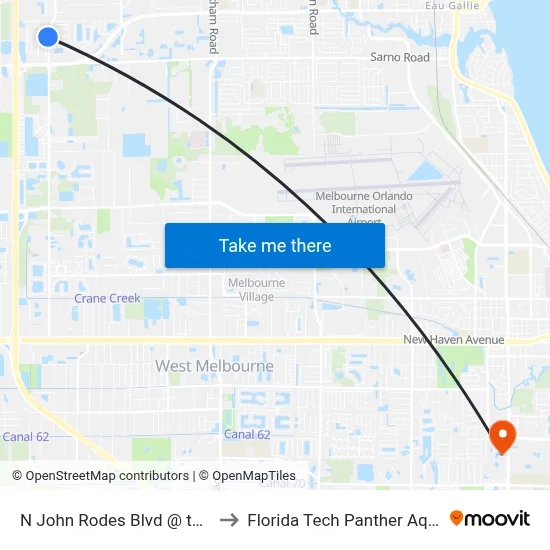 N John Rodes Blvd @ the Meadows to Florida Tech Panther Aquatic Center map